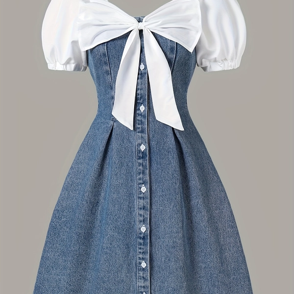 ' Faux Denim Dress with White Collar & Bow Back - A-Line Short/Long Sleeve (Adjustable) Blue Faux Denim Dress, Machine Washable All-Season Wear, Sweet & Elegant Style for Outfits, Picnic, Casual Attire - Non-Stretch Durable Teen Clothing