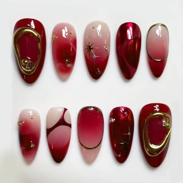 24pcs Deep Red Simple French Fake Nails Baroque Starry Ins Press on Nails For Women Wearable Detahcble Short Almond Fake Nails - AliExpress 