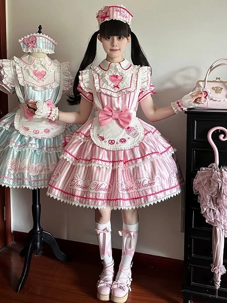 [£63.49]Pink Sweet Maid Lolita Striped Pattern OP Dress with Puff Sleeves and Tiered Skirt