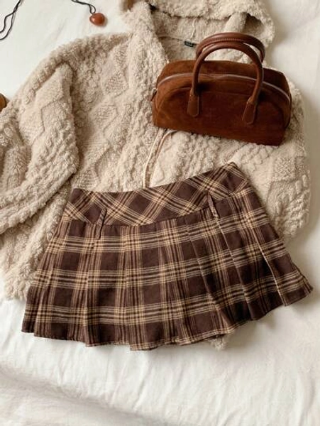 Comfortcana Plus Size Brown Checkered Apocalypse Music Festival Mini Skirt Plaid Skirt,Back To School