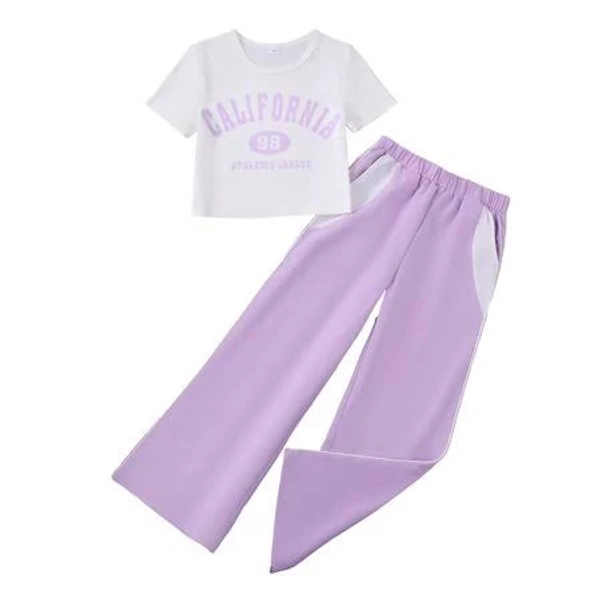 Kucnuzki 9 Years Big Girls Outfit Set 10 Years Child Girl Summer Clothes Sets Short Sleelves Letter Print Crop Top Wide Leg Pants 2pcs Clothing