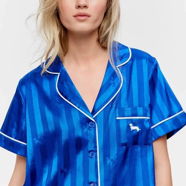 Cobalt Penny Stripe Satin Short Sleeve Shirt