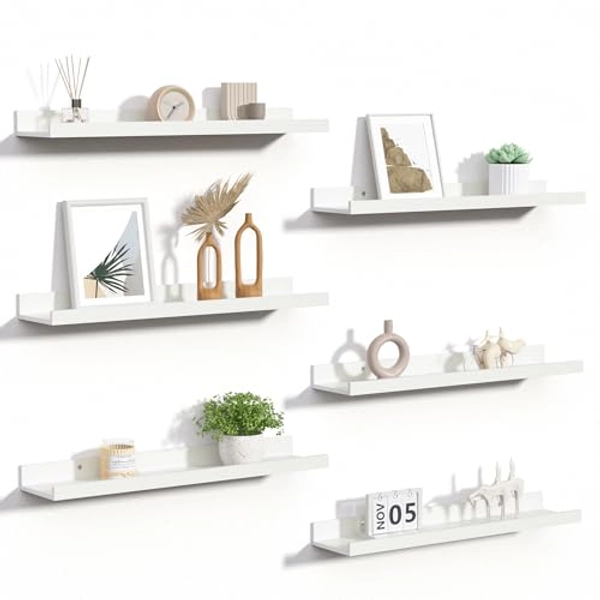 upsimples Floating Shelves for Wall, 23.6 Inch Shelves for Decor Storage Set of 6, Wall Mounted Wood Shelf for Bedroom, Living Room, Bathroom, Kitchen, Long Picture Ledge Shelves, White