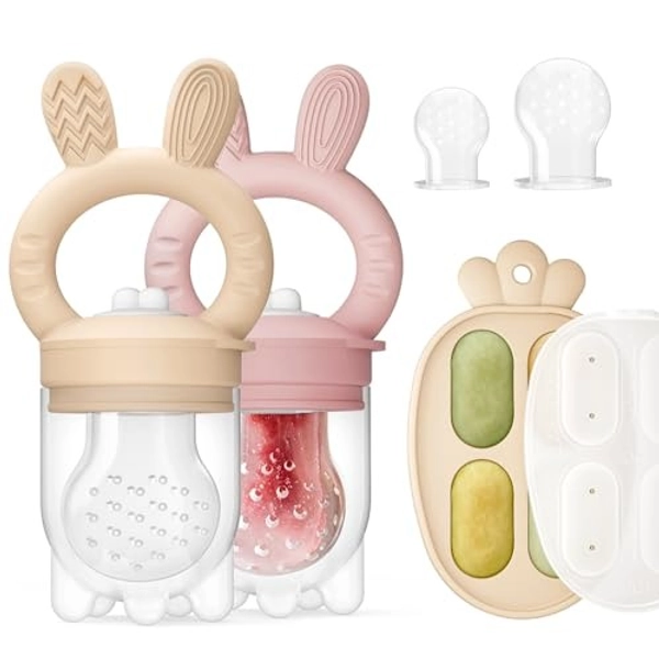 2 Packs Baby Fruit Feeder & Freezer Tray Combo, Push Pop Baby Food Feeder to Safely Introduce New Foods, Fresh & Frozen Food Silicone Feeder, 100% Food Grade, BPA Free