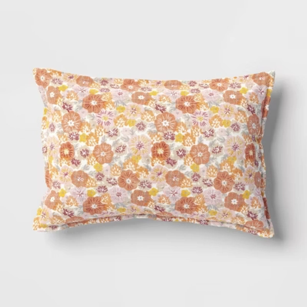 Printed Cotton with Embroidery Lumbar Throw Pillow Red - Room Essentials™: Modern Indoor Decorative Accent, Botanical Design