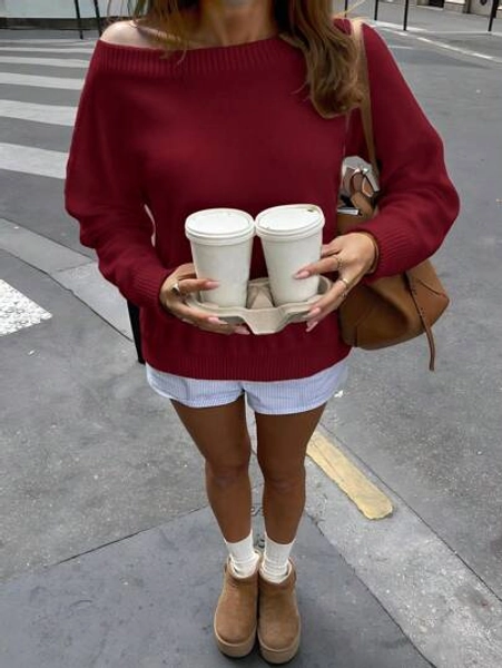 Women's Fashionable Solid Color Loose Knit Long Sleeve Pullover Sweater, Suitable For Early Autumn/Winter