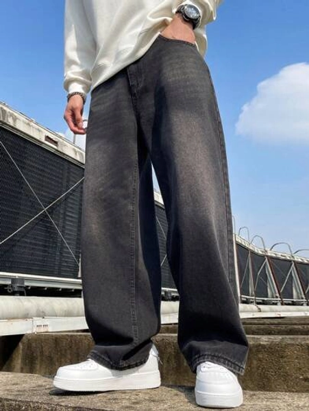 1pc Men's Vintage Washed Distressed Straight Leg Loose Casual Baggy Wide Leg Jeans, With Frayed Hem