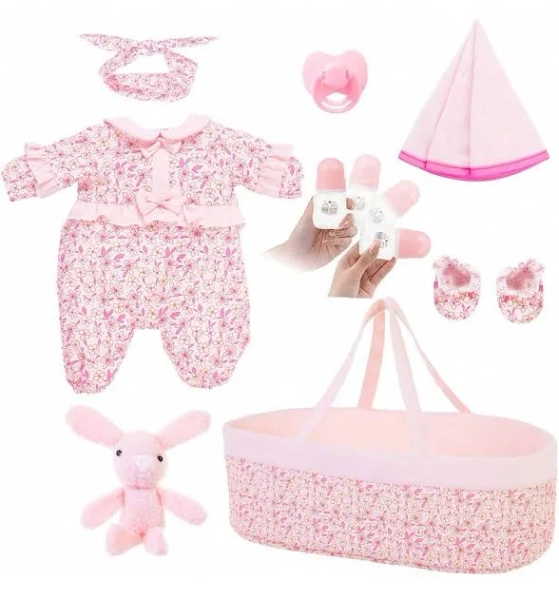 8 Pcs Baby Doll Clothes Baby Doll Accessories Set With Bassinet For 17-22 Inch Baby Doll, Newborn Baby Doll Clothes Outfit Accessories Fit 17"-22"