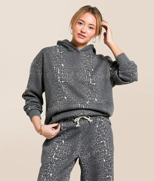 Medium Grey Cheetah Washed Cheetah Hooded Sweatshirt