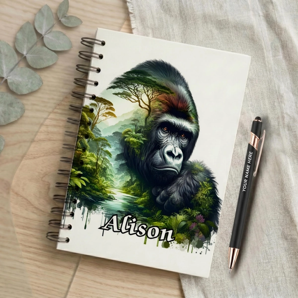 Personalized  Handmade Journal and pen – Gorilla Spiral A4 and A5 Notebook – Unique Stationery Gift - Personalized wild animals diary