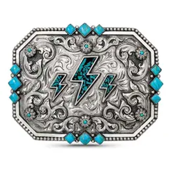 Turquoise Lightning Bolt Belt Buckle - Hand-Engraved German Silver Western Accessory