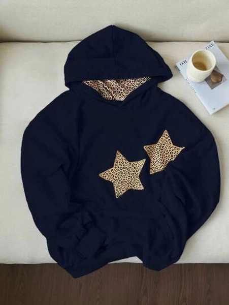 Elamini Women's Casual Leopard Print Hoodie With Star Pattern