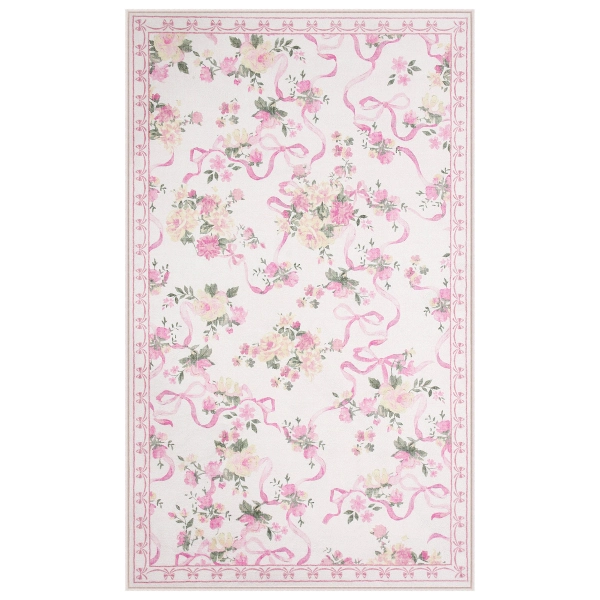 Floral Area Rug for Bedroom Nursery, Washable Low Pile Carpet, Pink/Blue