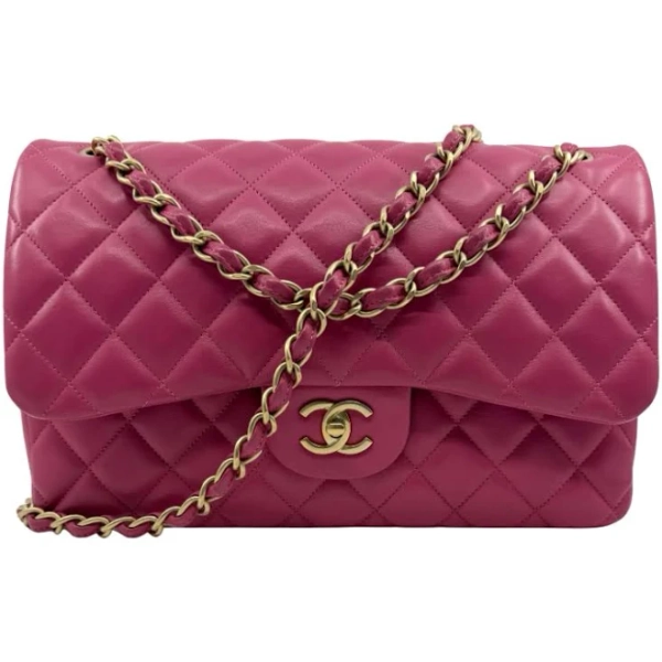 CHANEL Classic Jumbo Double Flap Lambskin Leather Bag with Gold Hardware