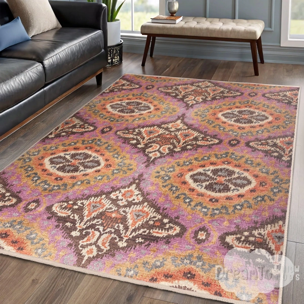 Vibrant Boho Ikat Orange Purple Area Rug-floral Medallion Ethnic Textile-bohemian Multicolor Traditional Rugs-ornate Decorative Mat - Etsy