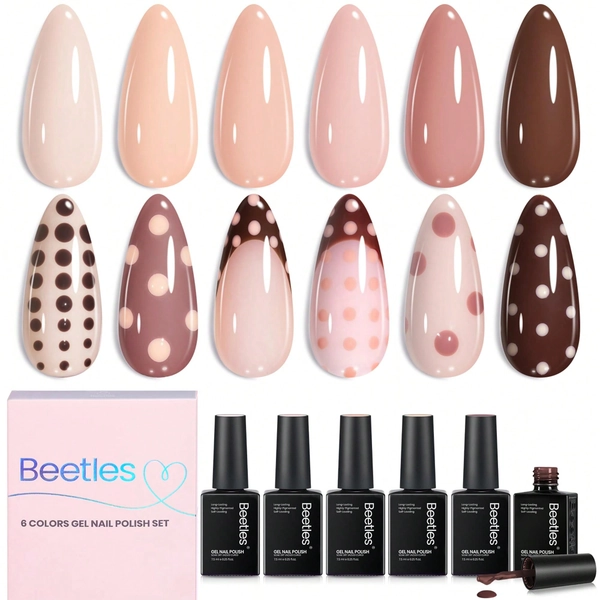 Beetles 6 Colors Nude Neutral Brown Gel Polish Set, Skin Tones UV Soak Off Gel For Polka Dot Nail Design