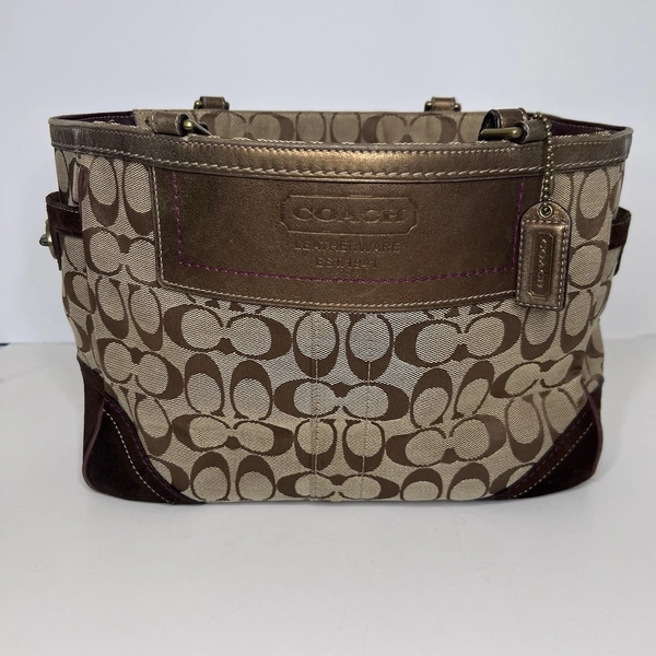 Vintage Coach Logo Tote Brown With Copper Metallic Leather &amp; Brown Suede Trim
