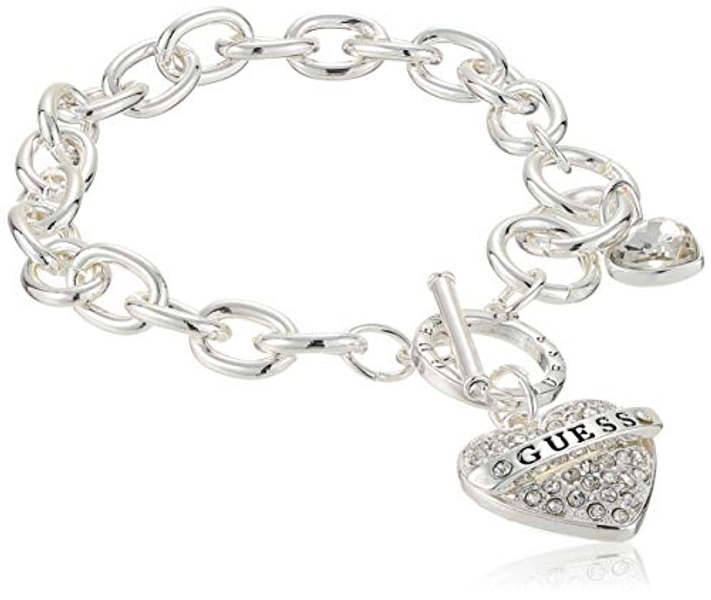 GUESS Women's Silvertone Chain Toggle Dangle Heart Charm Bracelet, One Size, Glass