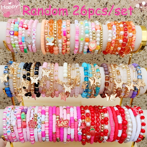 Valentine's Day Soft Clay Glass Imitation Pearl Decorative Bracelet Set - 26pcs/set, Sweet Style, Randomly Sent