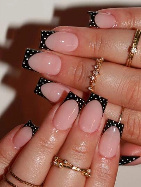 24 PCS Short Square Nail Stickers Simple Temperament Black French Polka Dot Polkadotnails Nail Set (With: A Piece Of Jelly Glue And A File) Suitable For Women's Daily Dating Parties