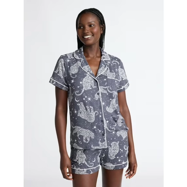Joyspun Women’s Dreamy Soft Collection Notch Collar Knit Top and Boxer Shorts Pajama Set, Sizes XS-3X