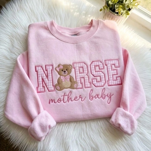 Mother Baby Nurse Pink Gingham Applique Embroidery Sweatshirt, Mother Baby Unit Crew, New Nurse Shirt
