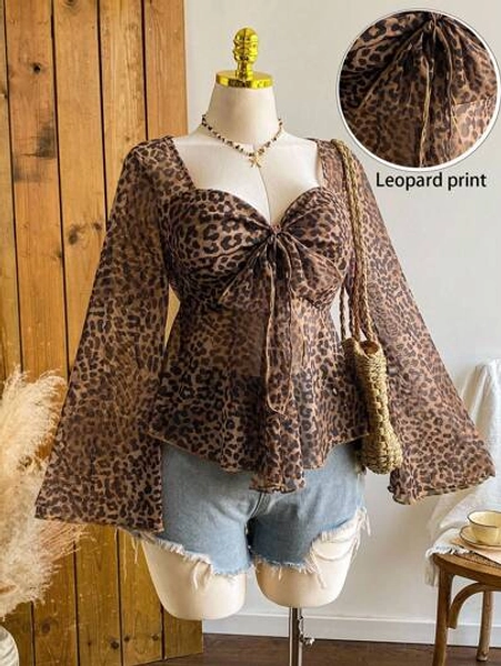 Comfortcana Plus Size Women Vintage Leopard Print Puff Sleeve Crew Neck Top, Autumn/Winter,Fall Clothes For Women