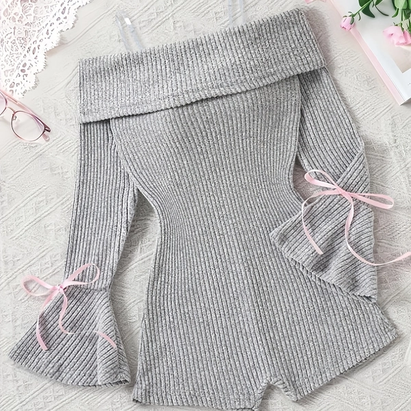 New Spring And Autumn Fashion for Girls, Stylish, Easy, Comfortable, And Cute Versatile Design, Featuring a Delicate Bow Decoration, Solid Color Off-Shoulder Bell Sleeve Jumpsuit, Suitable for Spring Outings, Vacations, Parties, Picnics, for Outdoor