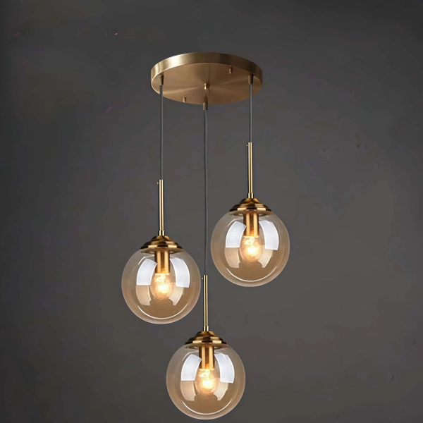 Lustre industriel rétro en laiton, 3 ampoules, sphères en verre ambré, lustre à grappes, culot E27.