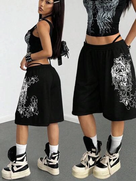 StreetHx Women's Loose Fit Gray Punk Print Capri Pants - Size M