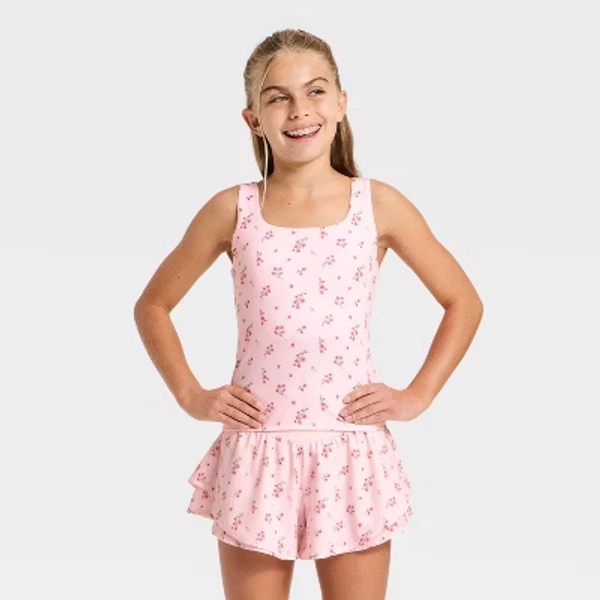 Girls' Active Floral Printed Twist-Back Crop Tank Top - All In Motion™ Light Pink M
