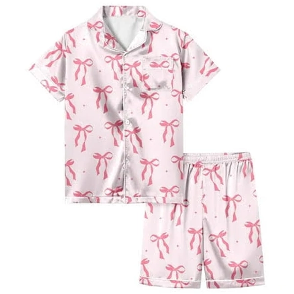 Little & Big Girls Silk Bowknot Print Short Sleeve Button Down Pajamas