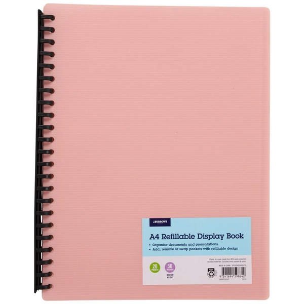 J.Burrows Refillable Display Book 20 Pockets Pink