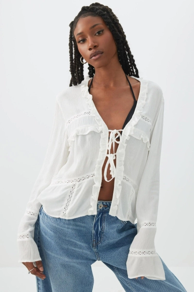 Crinkled Tie Front Blouse with Ruffles
