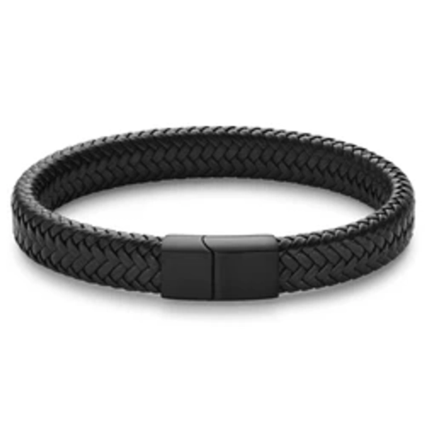 Black Stainless Steel & Faux Leather Braided Bracelet