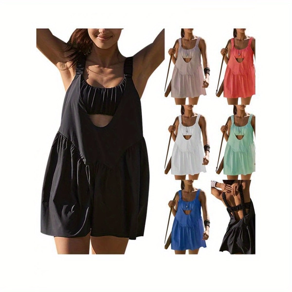 Women'S Pink Sleeveless Dress with Built-in Bra and Shorts Set - Loose Fit, Ruffled Hem, Perfect for and, All-Season Casual, Attire|Ruffled Hem Dress|Stretchy Fabric