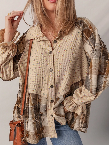 Boho Floral Plaid Patchwork Distressed Detail Ruffled Sleeve Waffle Knit Shacket