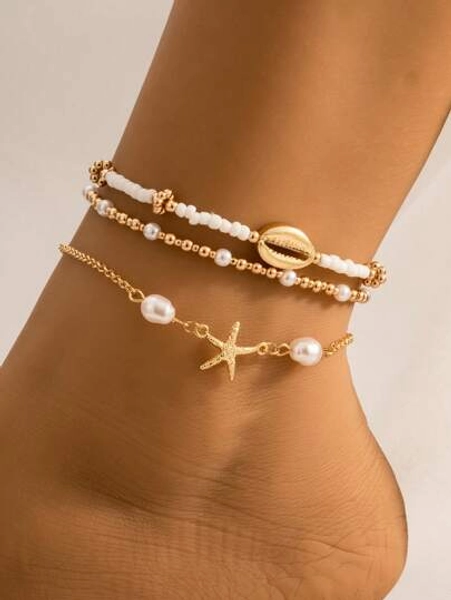 3pcs/Set Minimalist Gold Round Pendant Tassel Beaded Anklet, Suitable For Daily Wear And Vacation