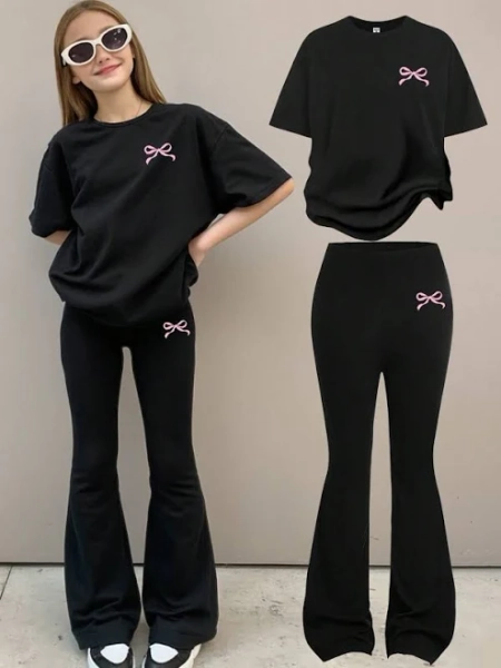 SHEIN Tween Girls Casual Minimalist Bow Detail Loose Fit T-Shirt & Flare Leg