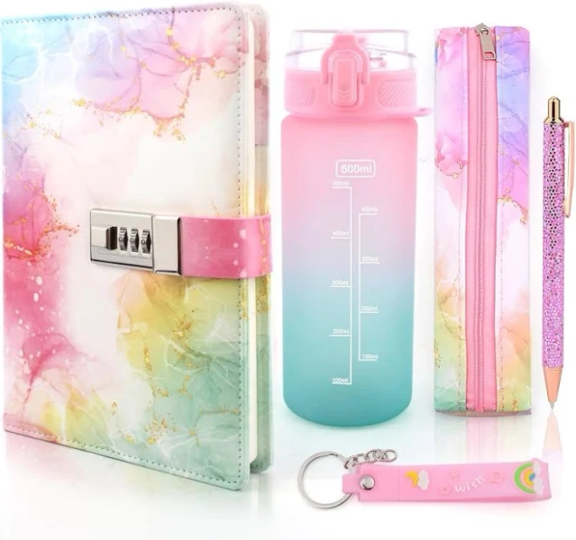 Gifts for Girls 8 9 10 11 12 13 14 Years, Diary with Lock Girls Drinking Bottle, Birthday Gifts Teenager Girls Age 7-15, Notebook, Water Bottle, Pen