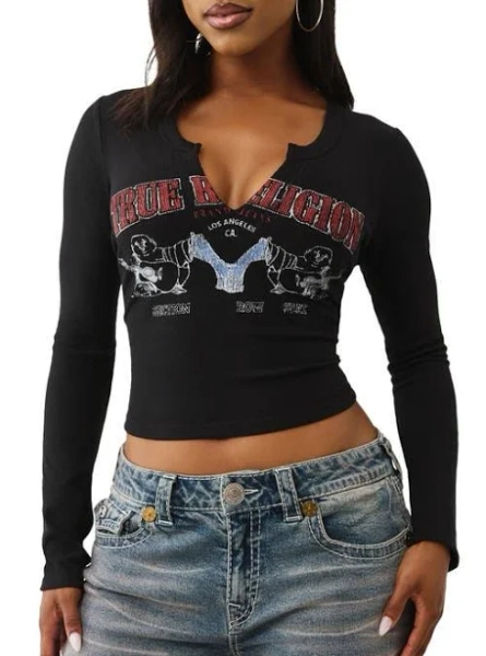 True Religion Women's Buddha V Notch Ribbed Long Sleeve T-Shirt