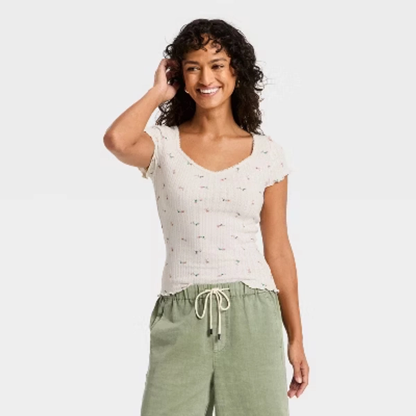 Women's Slim Fit Short Sleeve Pointelle Sweetheart Neck T-Shirt - Universal Thread™ Cream Floral M