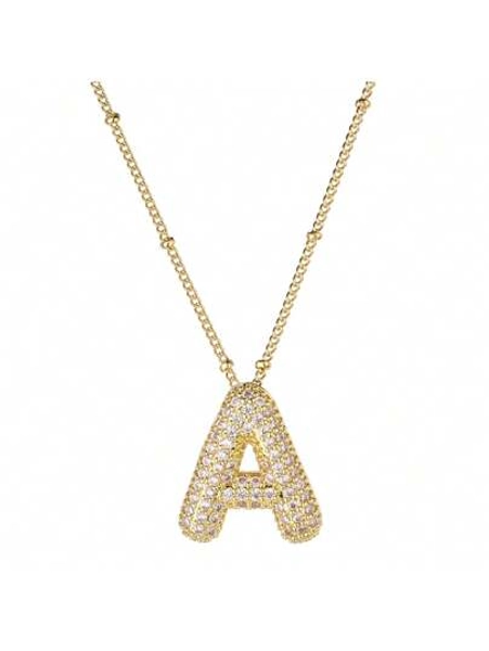 One Piece New Women's Stainless Steel Bubble Letter Necklace Shining Zirconia Rhinestone Letter 26 A-Z Exquisite Balloon Necklace