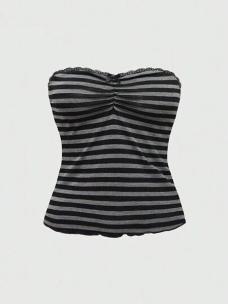 ROMWE Grunge Punk Sexy Vacation Lace Trim Leopard Print Bow Decor Shirred Elastic Fitted Women Top