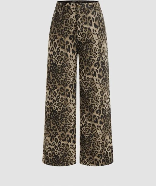Women CIDER Wide Leg Denim Jeans Bold Leopard Print Western Bell Jeans