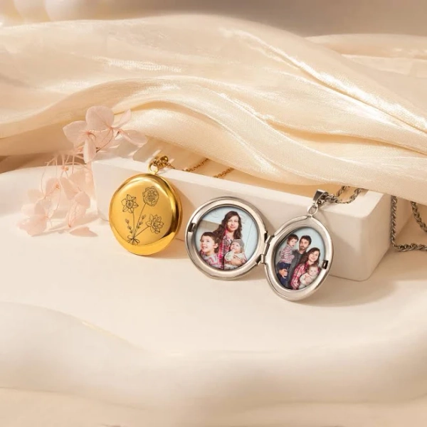 Custom Birth Flower Bouquet Photo Locket Necklace