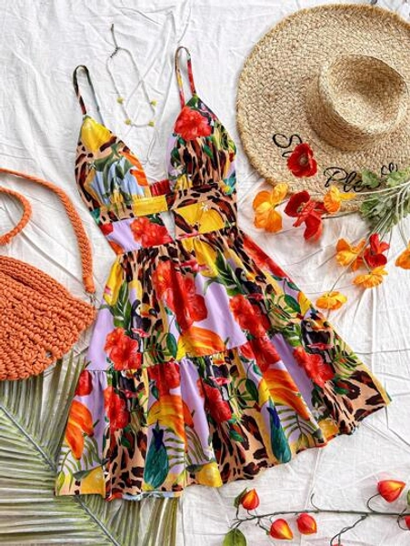 Soleia Women's V-Neck Spaghetti Strap Backless Animal&Floral Print Swing Mini Dress For Beach,Summer Dresses
Spring Clothes