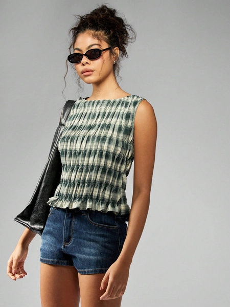 MISSGUIDED Ruched Plaid Sleeveless Cropped Gathered Design Top