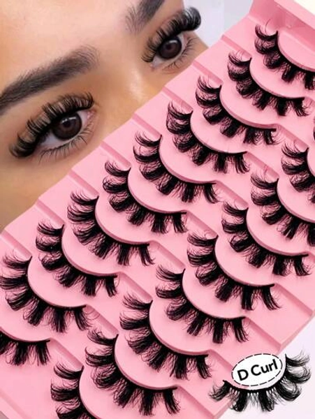 Rikuaild 10 Pairs D Curl Volume Lashes Wispy Natural Faux Mink Eyelashes Dramatic Soft Lash Cross Wispy Reusable Fluffy Russian Strip Lashes