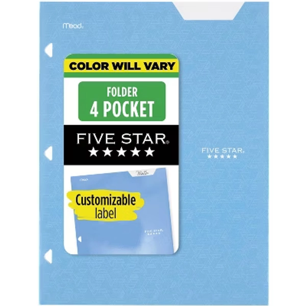 Mead Five Star 4 Pocket Solid Paper Folder (Colors May Vary): Multicolor Stationery, 3 Hole Punched, 25 Sheet Capacity